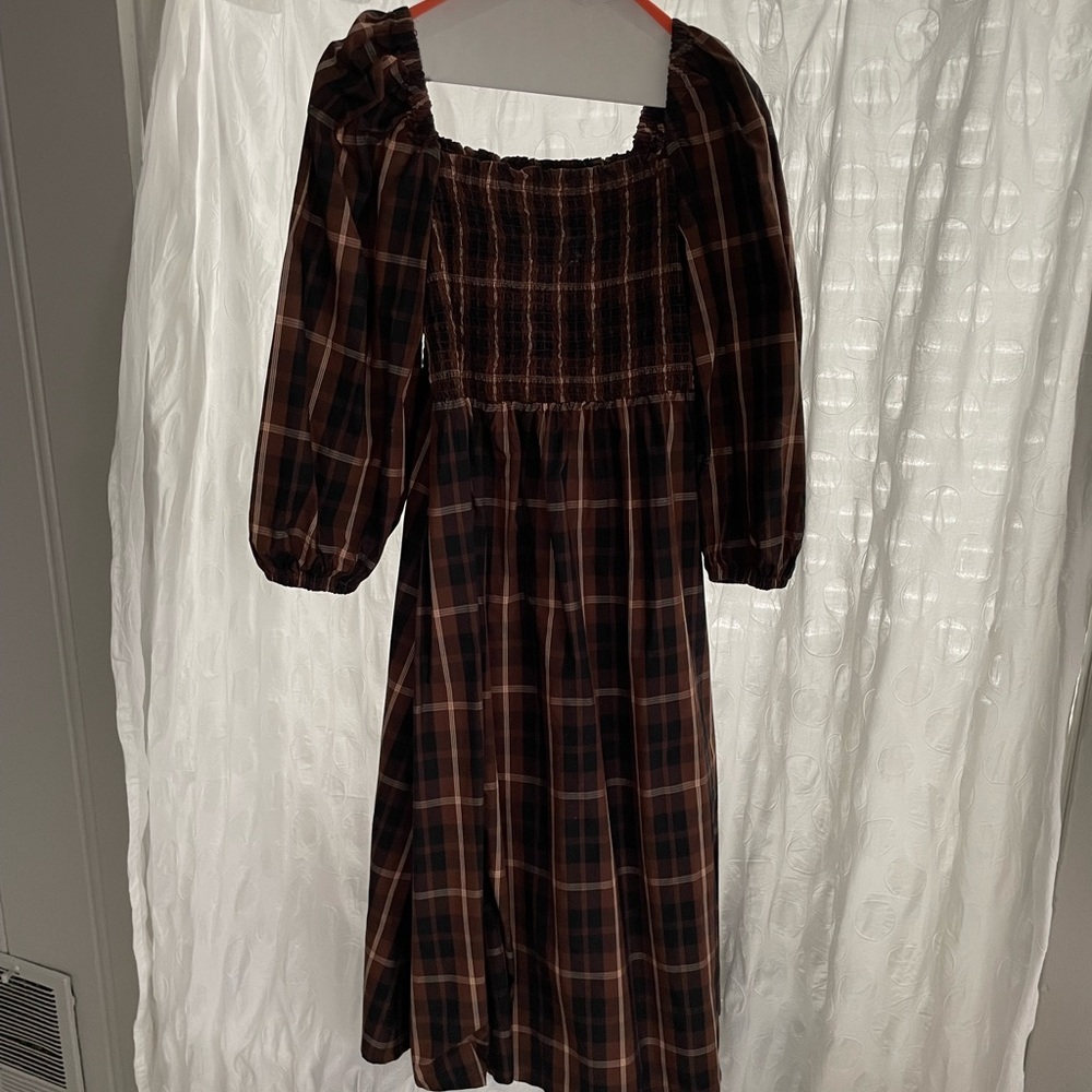 J Crew Puffed Sleeve Smocked Midi Dress